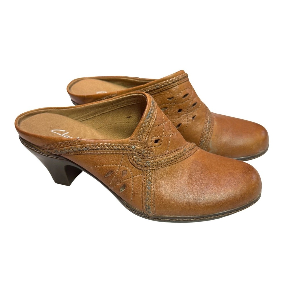 Clarks Brown Leather Chiffon Lily Block Heel Clogs SZ 8